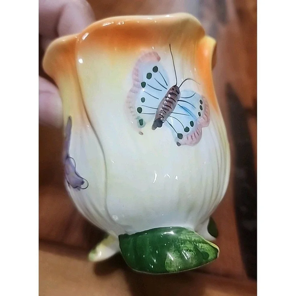 Vintage Butterfly Handpainted Small Bud Vase Planter Footed Colorful 3 1/2 X 3